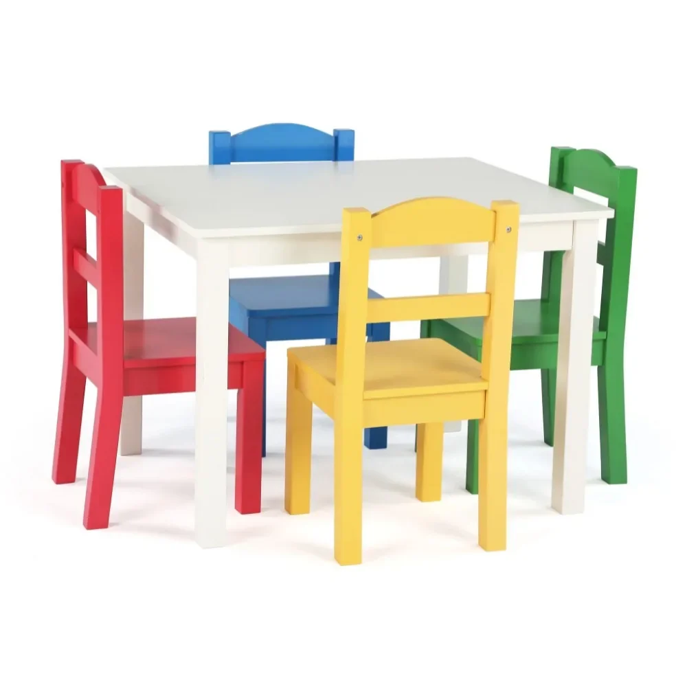 

Humble Crew Summit Collection Kids Wood Table and 4 Chairs Set, White & Primary, for kids ages 3+