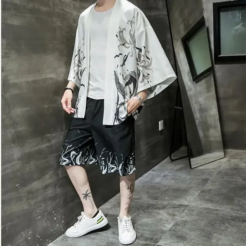 4XL 5XL Mens Plus Size Japanese Streetwear Tracksuit Men Summer Two Piece Set Kimono Shirt + Shorts Male Clothes Men 2 Piece Set