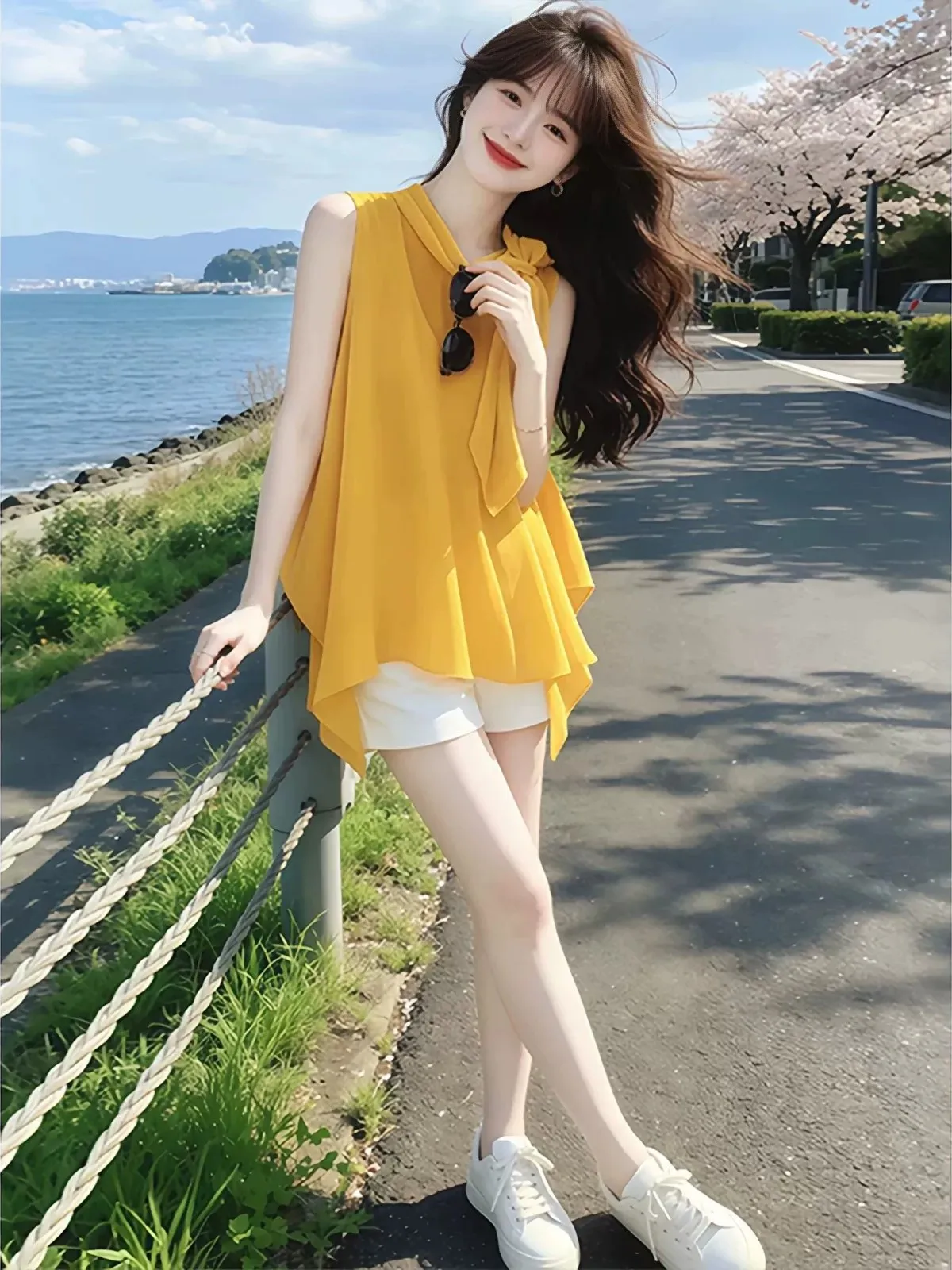 Yellow Sash  Knot Sleeveless Halter Top Women Summer 2026 New Korean Style Beautiful Asymmetrical Shirt Casual Loose...