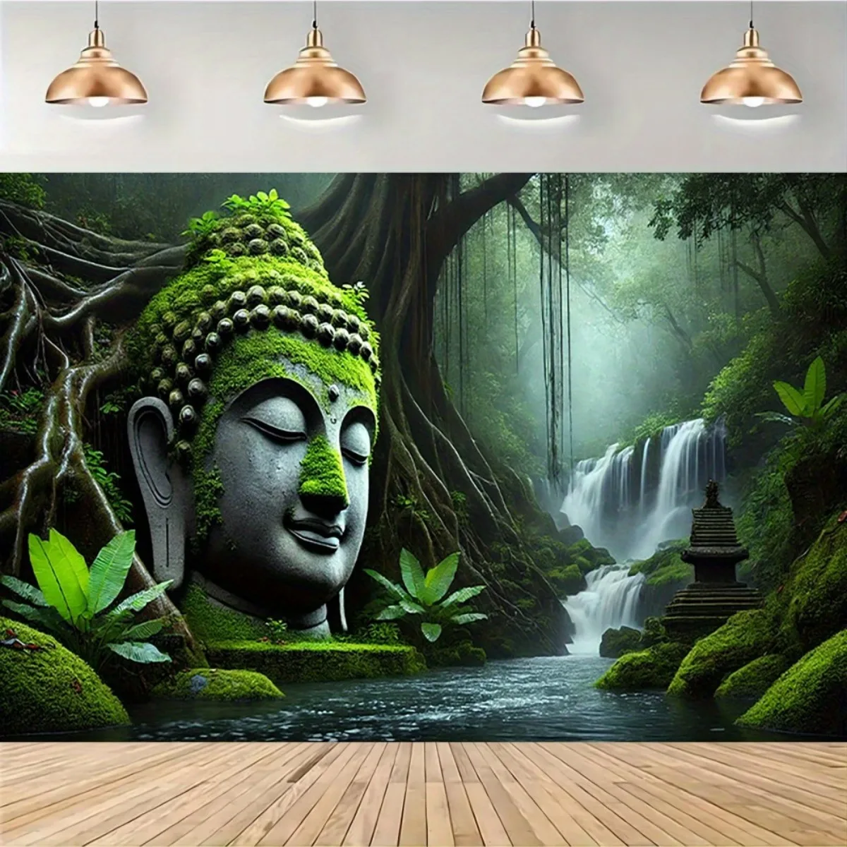 Buddha Head Tapestry, Moss-Covered Statue in Jungle with Waterfall, Zen Garden Wall Art for Meditation Room Living Room Decor