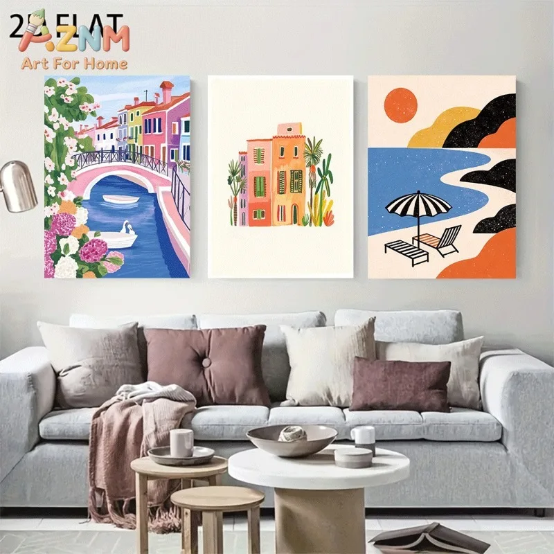 Boho Mediterranean Town Beach Canvas Wall Art 3pcs Venice Canal Colorful Building Sun Beach Chair Umbrella Unframed Canvas Print