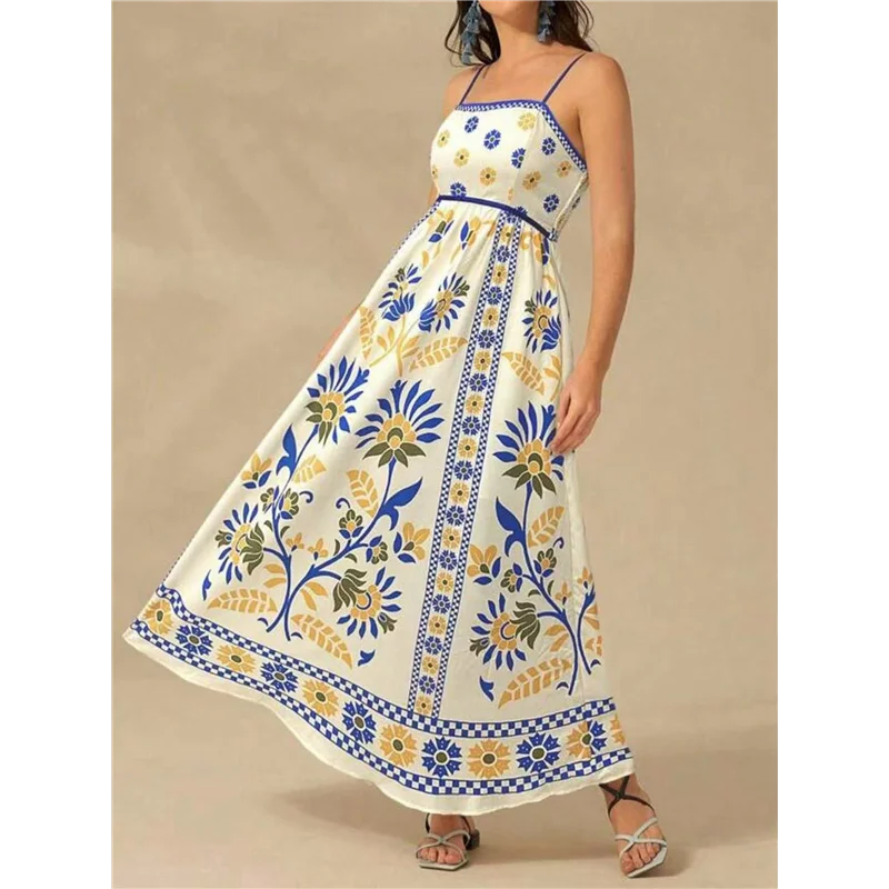 FX-Womens 2025 Robe longue d'été florale sans manches à bretelles spaghetti imprimé smocké Boho Beach Robe longue