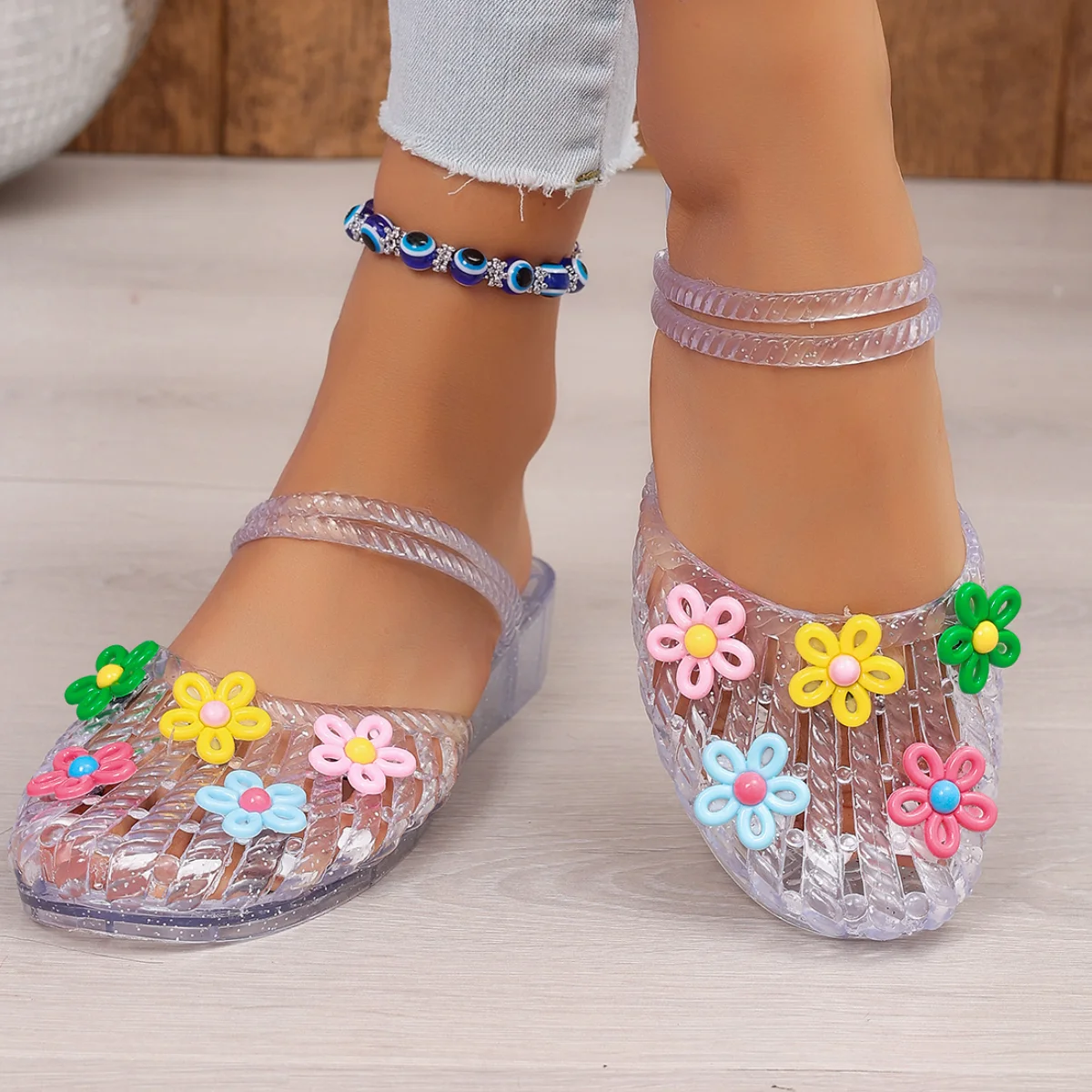 Korean Colorful Flower Transparent PVC Jelly Sandals Woman Summer 2026 Beach Wedges Heel Slippers Ladies Slingback Half Slippers view 3