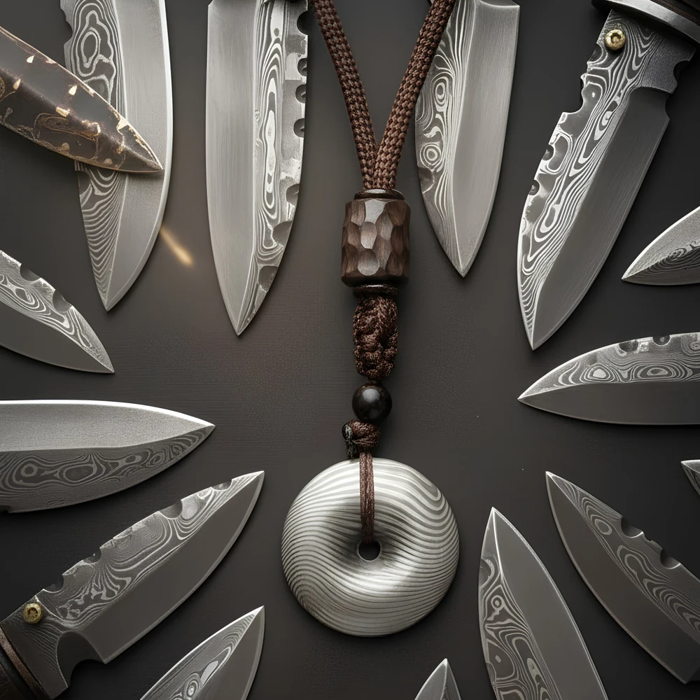 Neue Trendy Damaskus Stahl Runde Anhänger Mode Schwarz Seil Halsketten Für Frauen Punk Zubehör Beste Freundin Geschenke