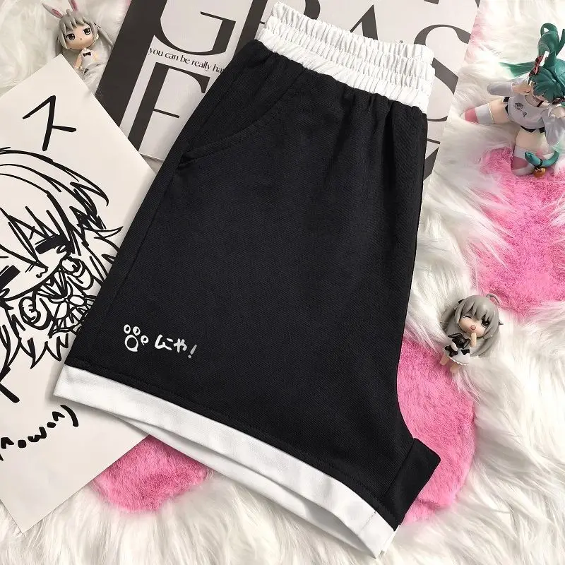 Japanese Sweet Kawaii Shorts Anime Print Shorts Women Casual Bottoms Contrast Elastic Waist Pocket Casual Shorts Pants Outfits