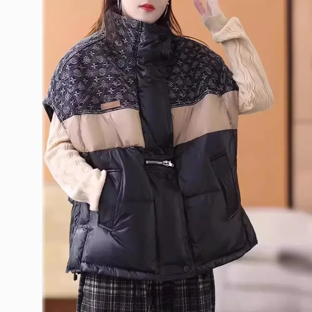 Stand Up Collar Contrasting Down Vest Women's Short Loose and Fashionable White Duck Down Camisole Jacket Winter Coats Women
