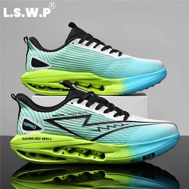 Men's Running Shoes, Tennis Shoes, Professional Racing Shoes for Men and Women, 10Pro Running Shoes, Gradient Striped Fly-Knit Breathable Upper, Hollow Particle High-Elastic Thick Sole, Shock-Absorbing, Non-Slip, Wear-Resistant, Lightweight Jogging Shoes, Marathon Fitness Sports Shoes