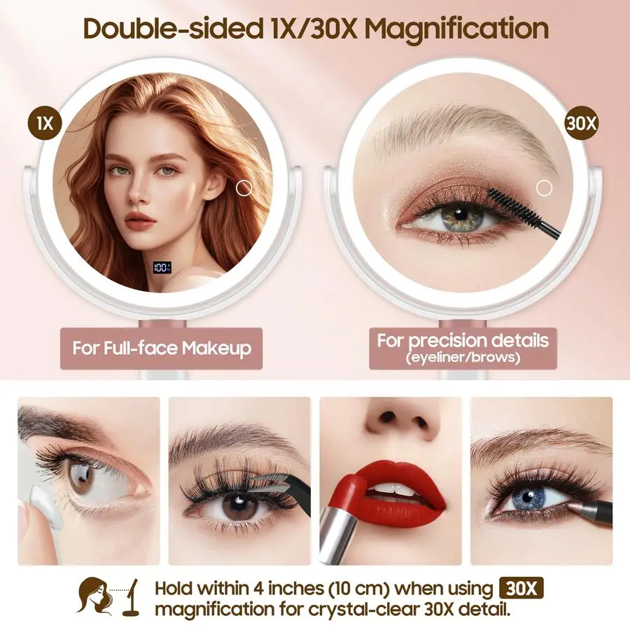 กระจกขยายพร้อมไฟ 30X 1X, จอแสดงผลดิจิตอล, ระบบควบคุมแบบสัมผัส 2 ด้าน, กระจกแต่งหน้าพร้อมไฟ 3 สี, หมุนได้ 360 องศา, ปรับความสูงได้