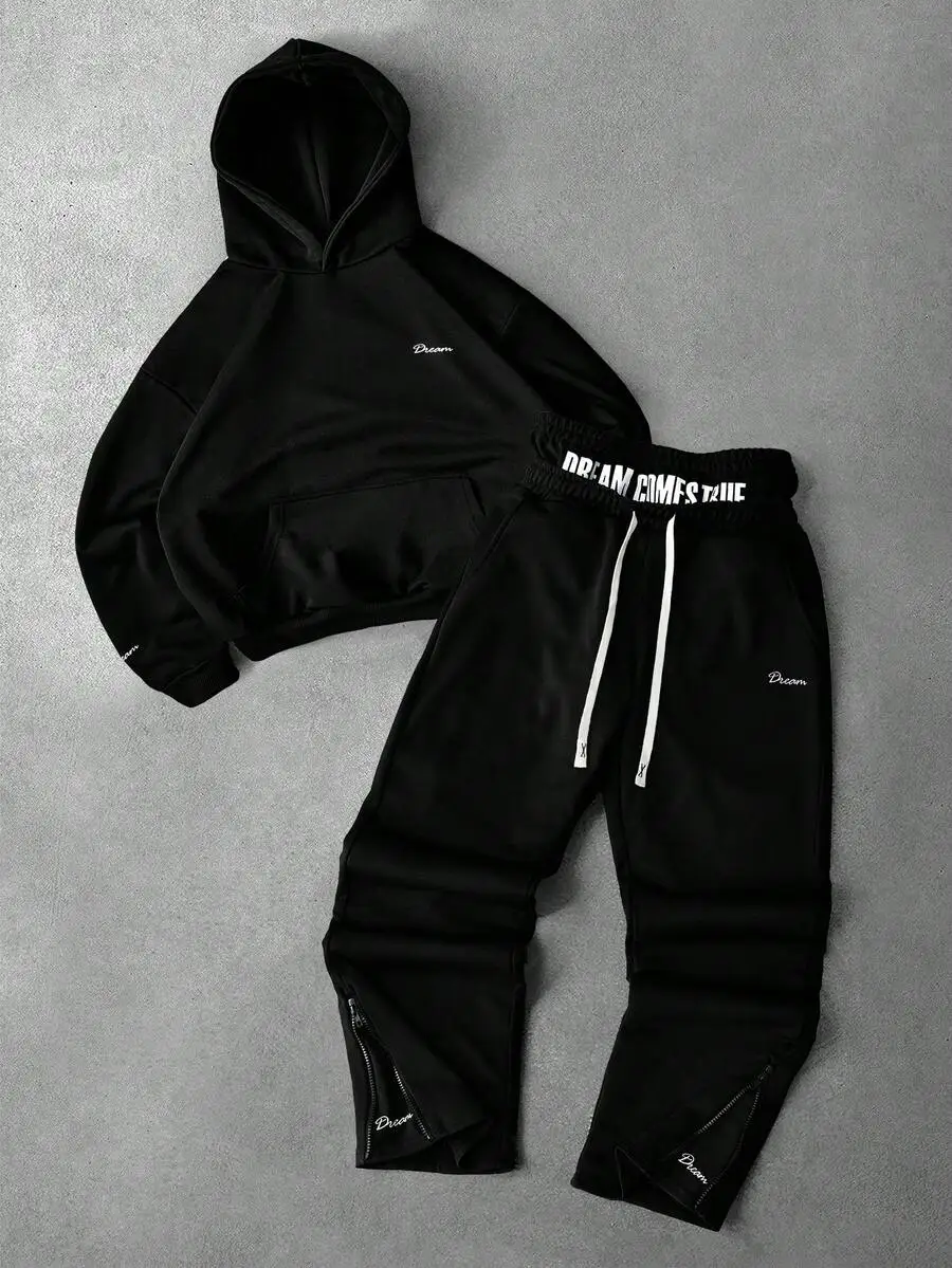 Conjunto de sudadera con capucha negra y pantalones deportivos para hombre, ropa informal de dos piezas estilo streetwear