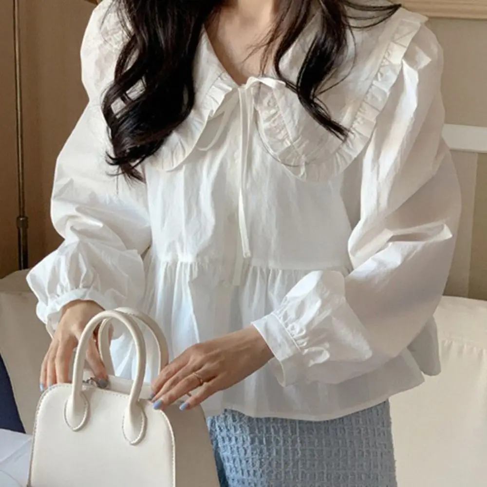 

Casual Flip Doll Collar Long Sleeve Shirt Blouse Lace Up Sweet Shirt Crop Tops Ins Beachwear Cardigan Women Spring/Summer