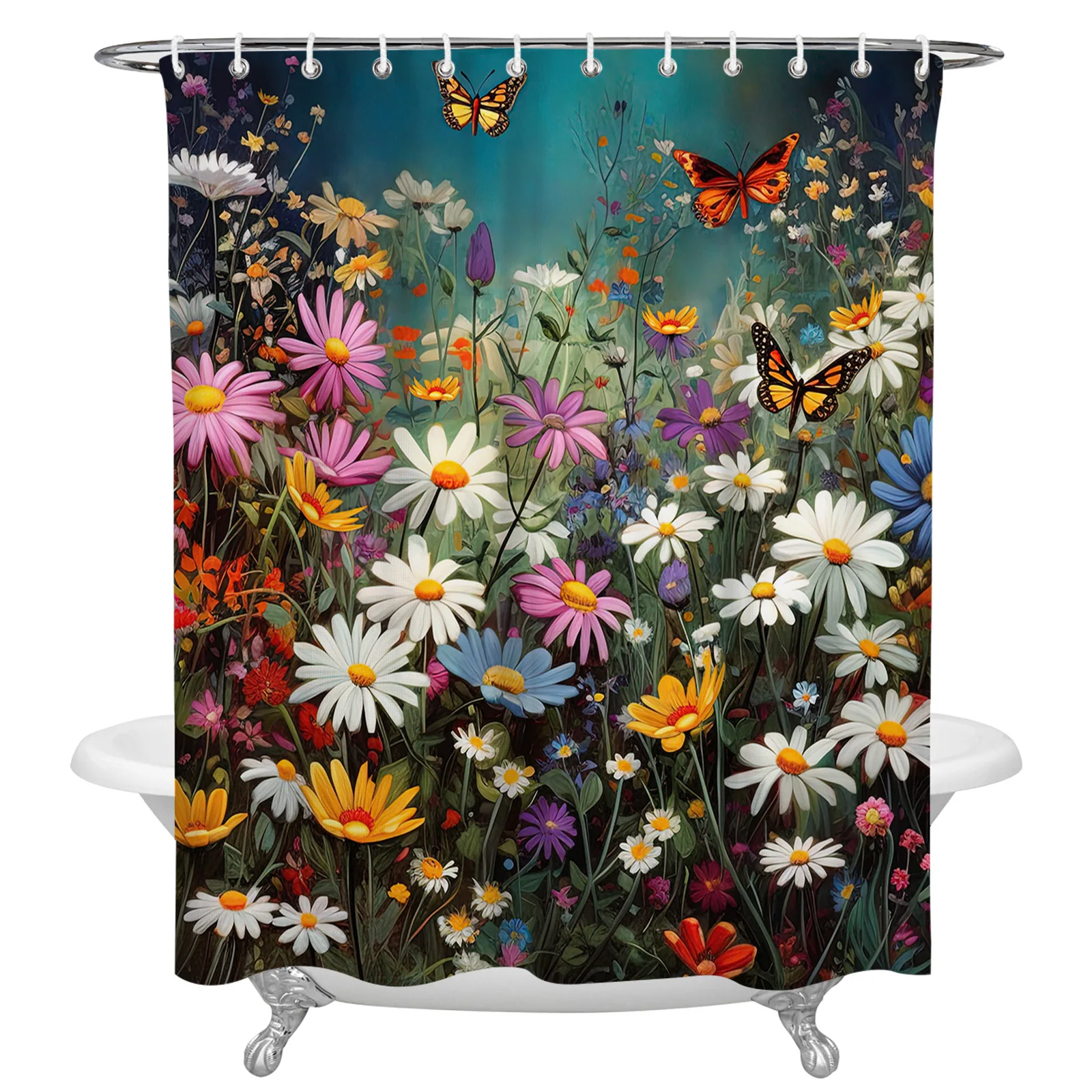 Daisy Flower Butterfly Bushes Shower Curtains Waterproof Bath Curtains Home Decor Modern Luxury Bathroom Curtain