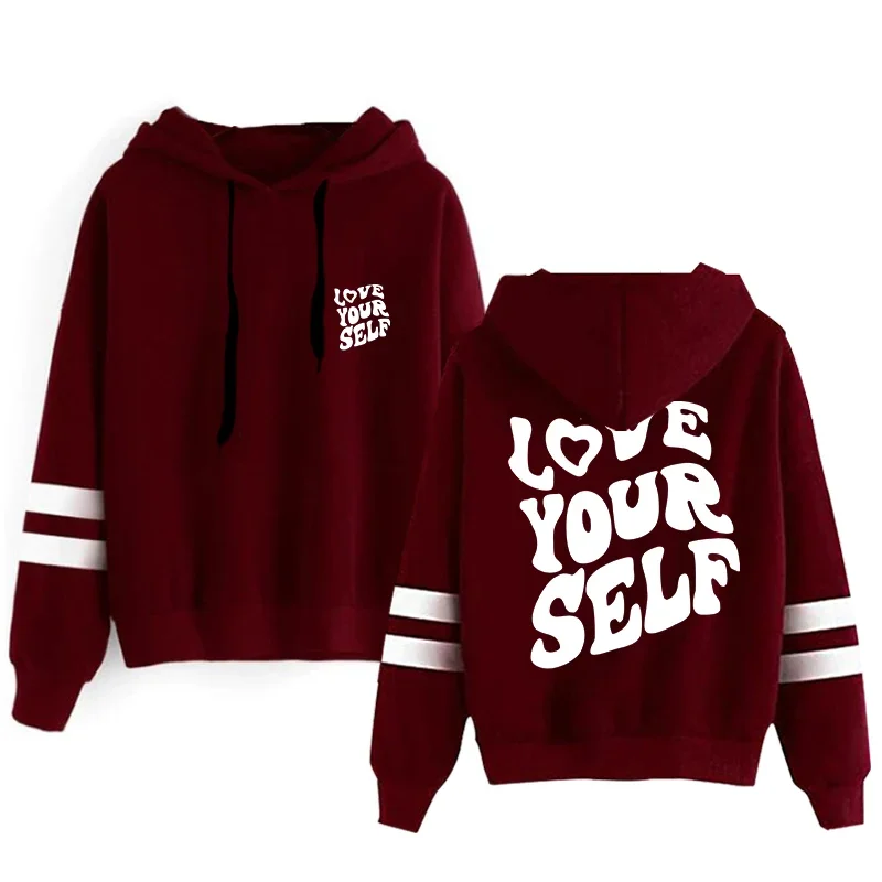 Offres spéciales sweats à capuche femmes sweats Love Yourself imprimer polyvalent rayure pulls Jogging sport vêtements décontracté femme sweats à capuche