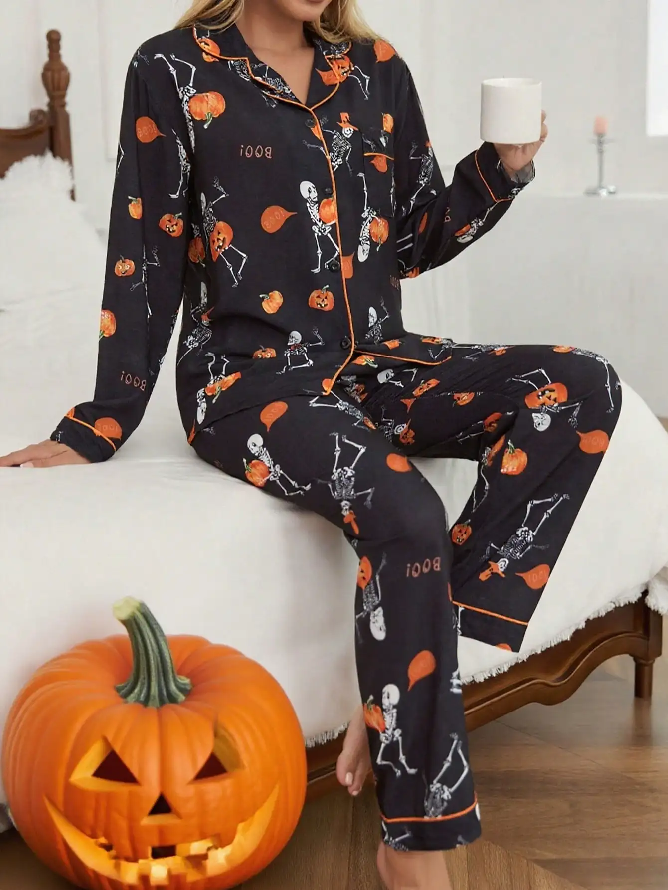 طقم بيجامة على شكل يقطين/جمجمة للهالوين مكون من قطعتين - بلوزات وسراويل بأكمام طويلة، جيوب شفافة متباينة، خريف/شتاء #1