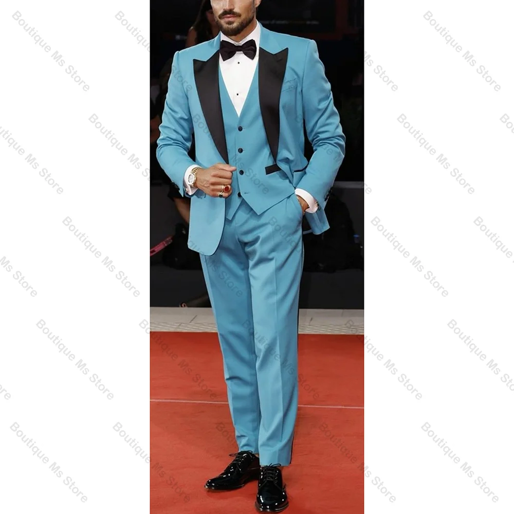 

Gentlemen Blue Men Suit Single-breasted Peak Lapel 3 Pieces(Jacket+Pants+Vest) Male Formal Wedding Party Set