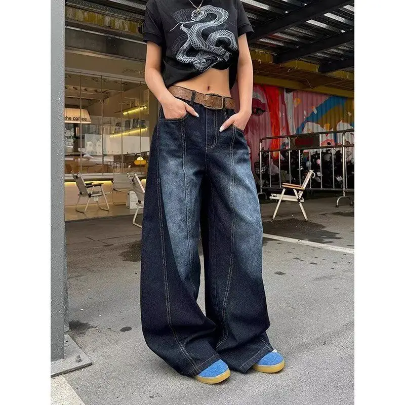 

American Sle High Waist Knife Denim Jeans Women Loose Wide Leg Floor Length Pants Spring New High Street Design Sense