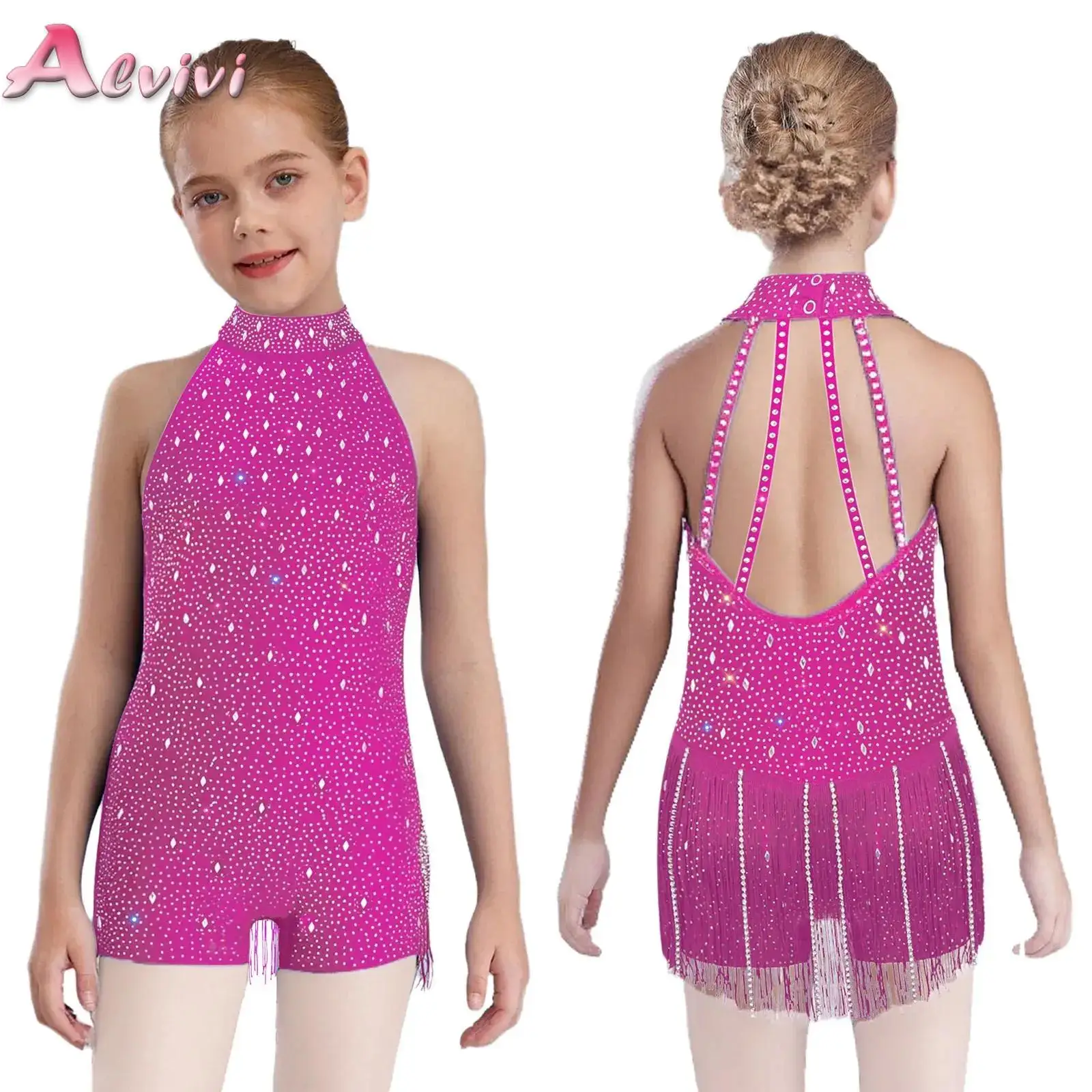 

Latin Leotards Jazz Dance Fringed Jumpsuit Dresses for Girls Kids Shiny Tango Chacha Sleeveless Tassel Bodysuit Rumba Dancewear