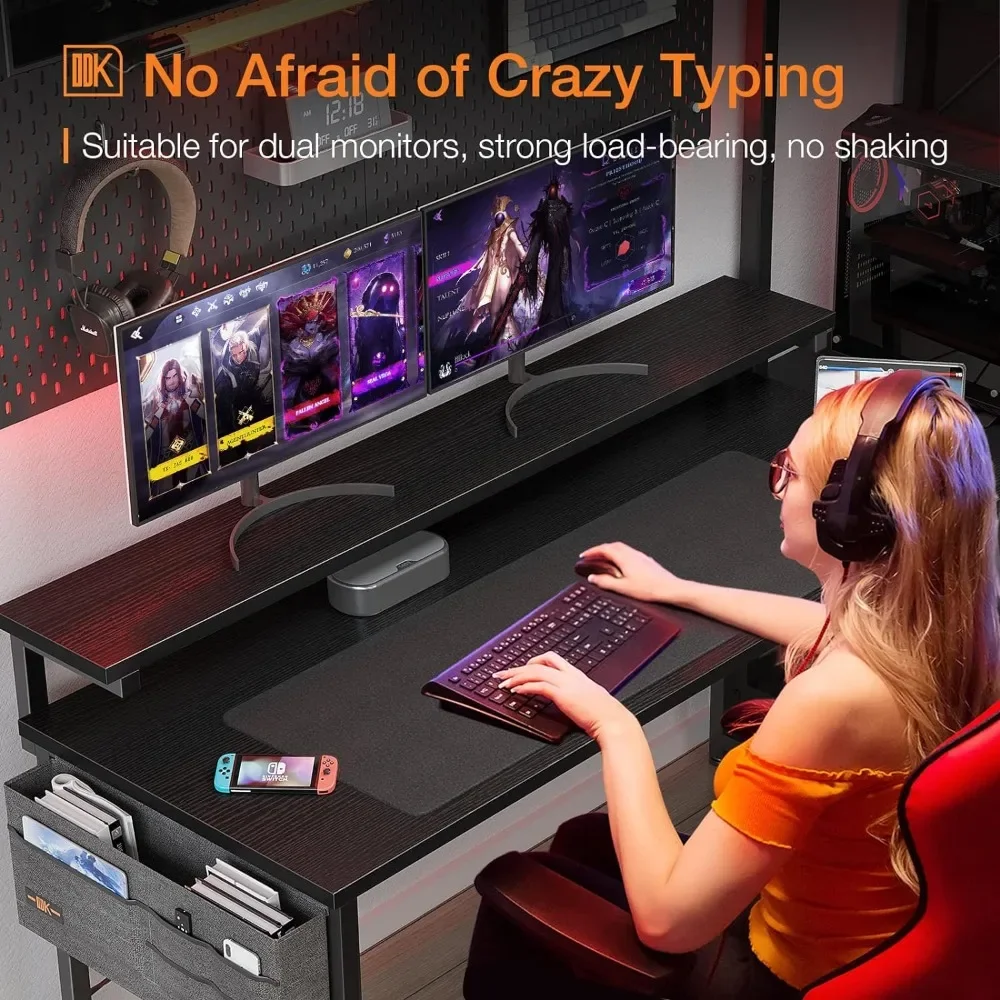 Computer Desk with Adjustable Monitor Shelves, 55 inch Home Office Desk with Monitor Stand, Writing Desk, Study Workstation