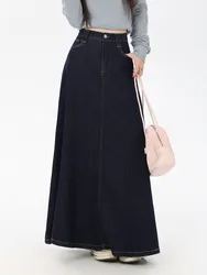 Women's Vintage A-Line Denim Long Skirts, Casual High Waist Jean Skirt, Blue, All-Match, Korean Fashion, 2021