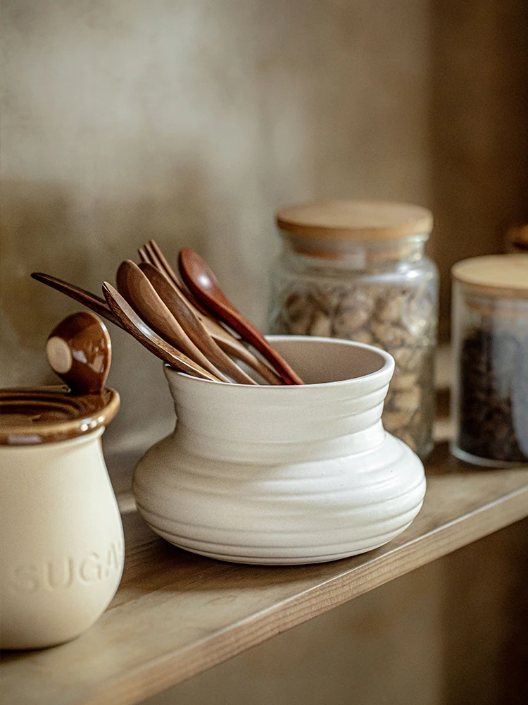 Stylish Ceramic Kitchen Storage Canister with Threaded Design for Chopsticks Forks Spoons