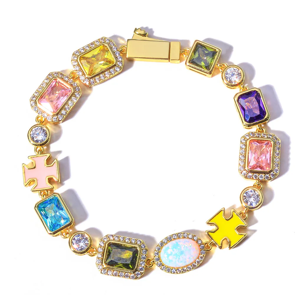 

Mixed Colorful 10mm Cross Tennis Bracelet Enamel Bling Cz Chain Geometric Gemstone Motif Iced Out Opal Bracelet