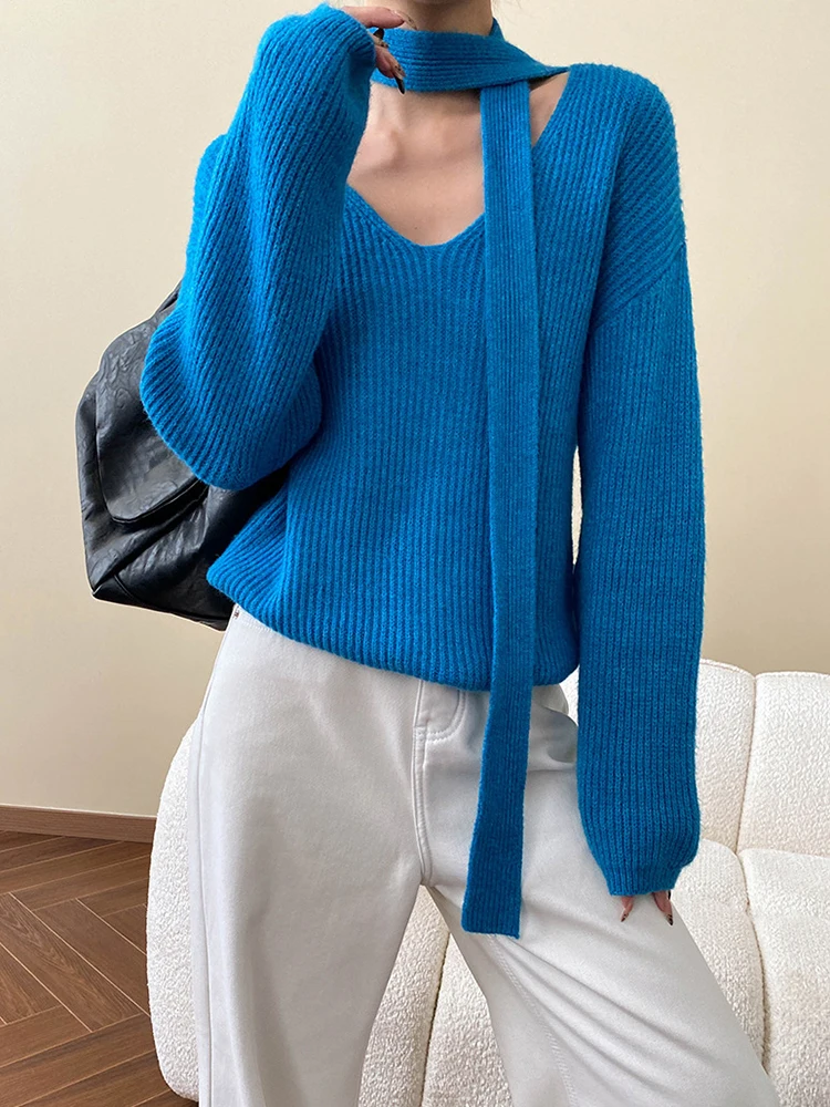 [LANMREM] Fashion V-neck Ribbon Knited Pullover Women's 2025 Spring New Long Sleeves Solid Color Elegant Sweaters Versatile