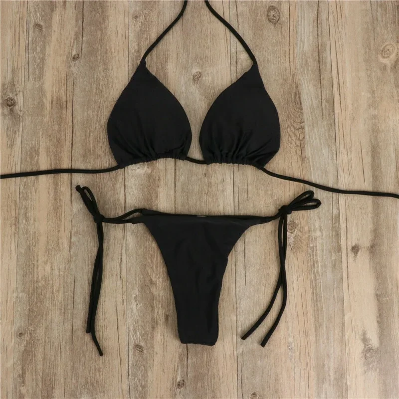 Traje de baño de estilo playero para mujer, bañador Sexy con cuello Halter, conjunto de Bikini de Tanga liso para mujer, ropa de baño 2022