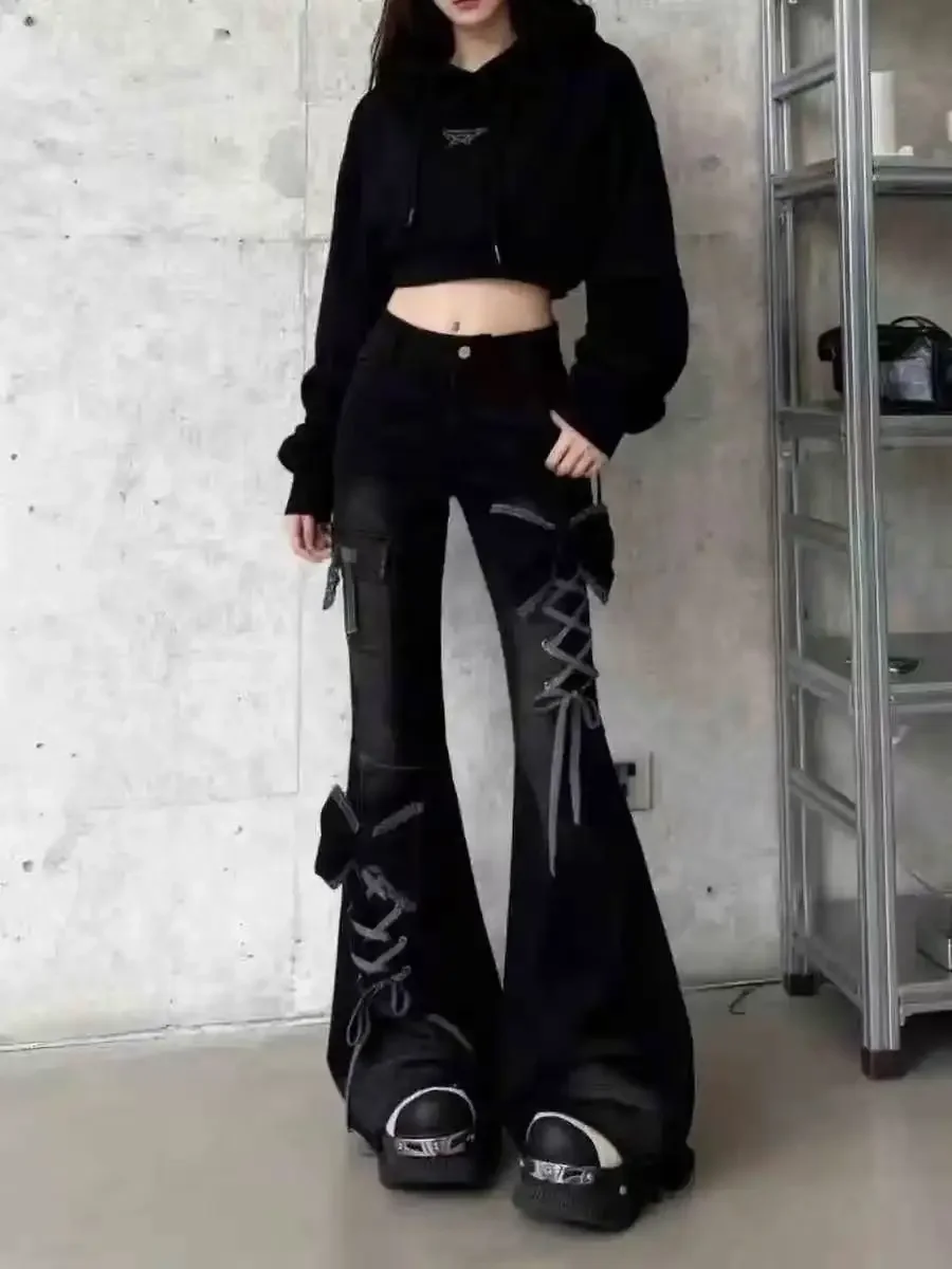IMU Retro Bow Lace Up Design Jeans Women's  Low Rise Slim Fit Bell Bottom 2000s Harajuku Y2k Spicy Girl Casual Flare Pants