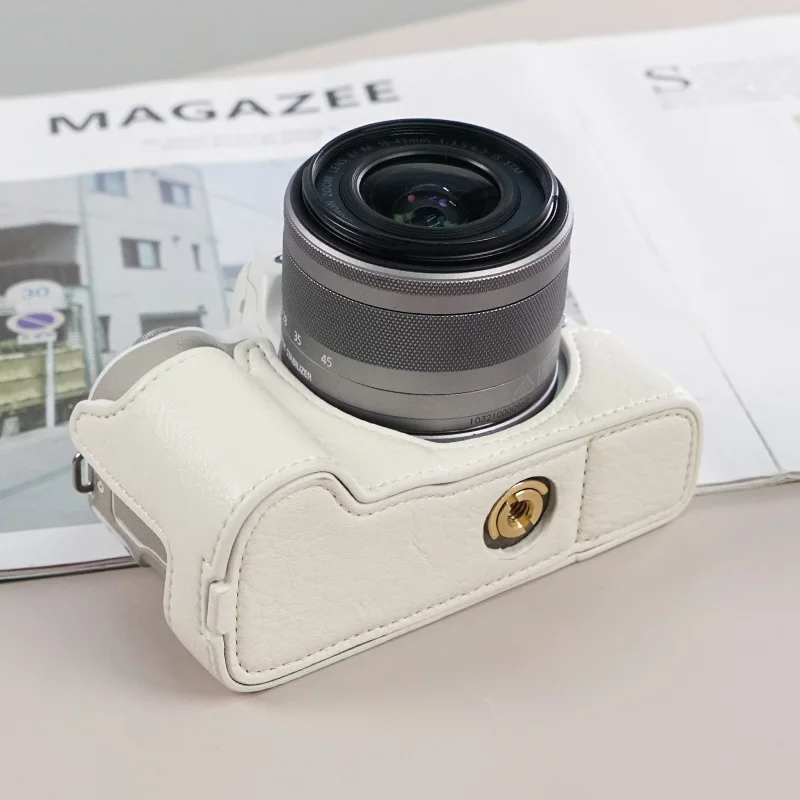 Camera Case for Canon EOS M50 pu Man-made Leather Camera Base Half Case with Film Glass Protector Bag Bottom Opening 1/4 Screw