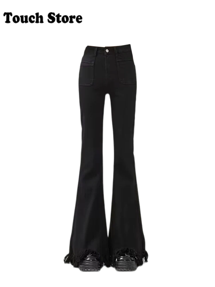 Women Dark Academia Low Rise Black Bell Bottoms Kpop Y2k Japanese Streetwear Tassels Denim Pants Long Trousers 2000s Flare Jean