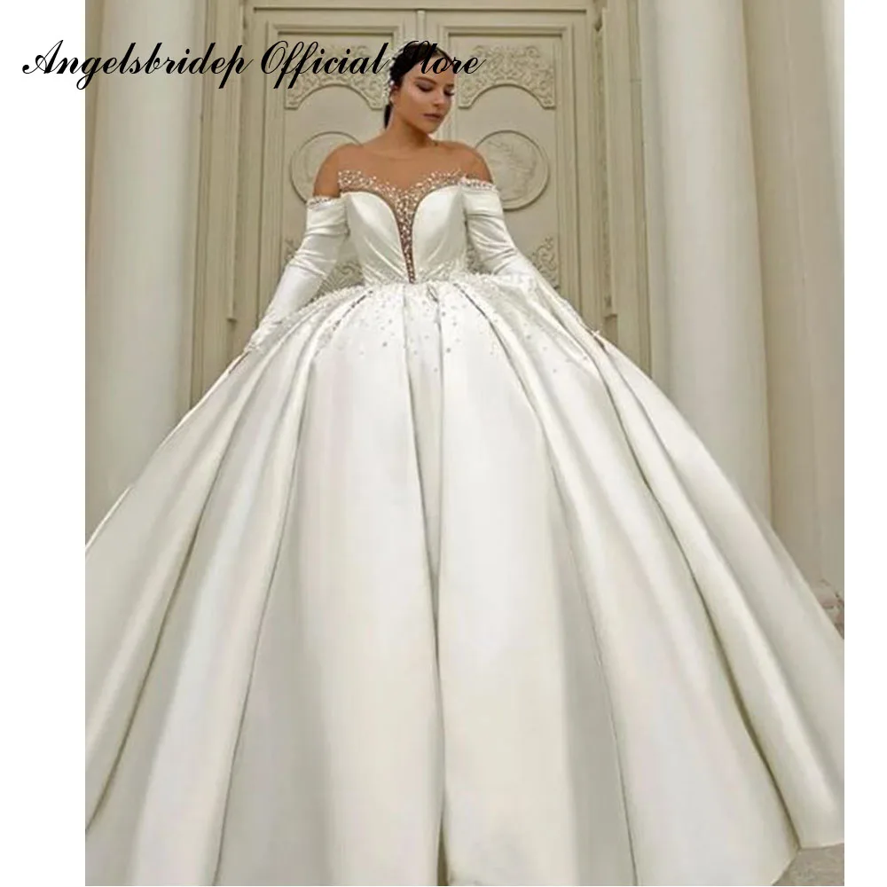 Angelsbridep Ball Gown Wedding Dresses Scoop Neck Bride Dress Long Sleeves Satin Vestidos De Novia Dubai African Robe De Mariée