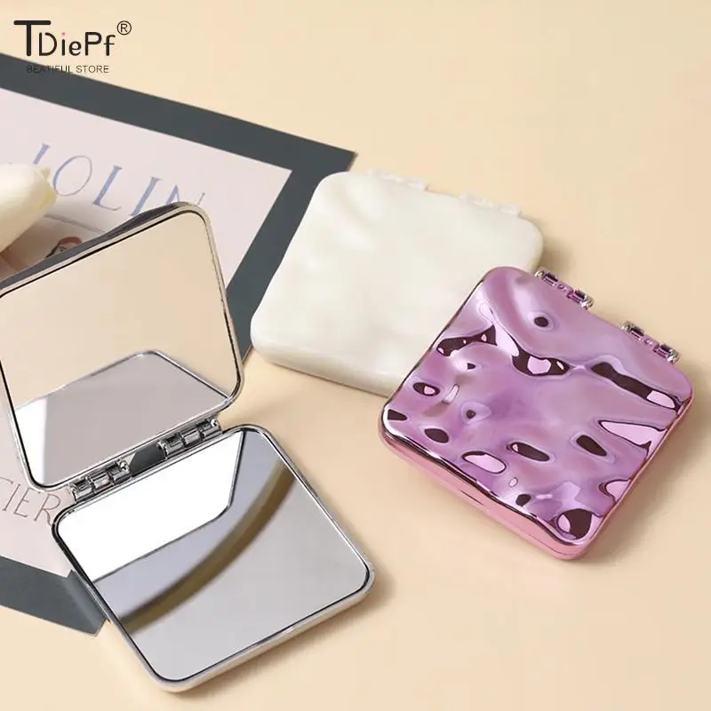 Foldable Plating Makeup Mirror Mini Square Makeup Vanity Mirror Hand Mirrors Double-sided Compact Mirror Pocket Cosmetic Mirror