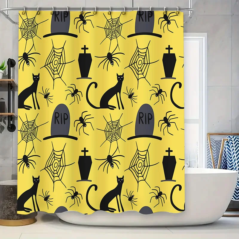 

Занавеска для душа на тему Хэллоуина с дизайном паутины черного кота, подходит для декора ванной комнаты во время сезона Хэллоуина