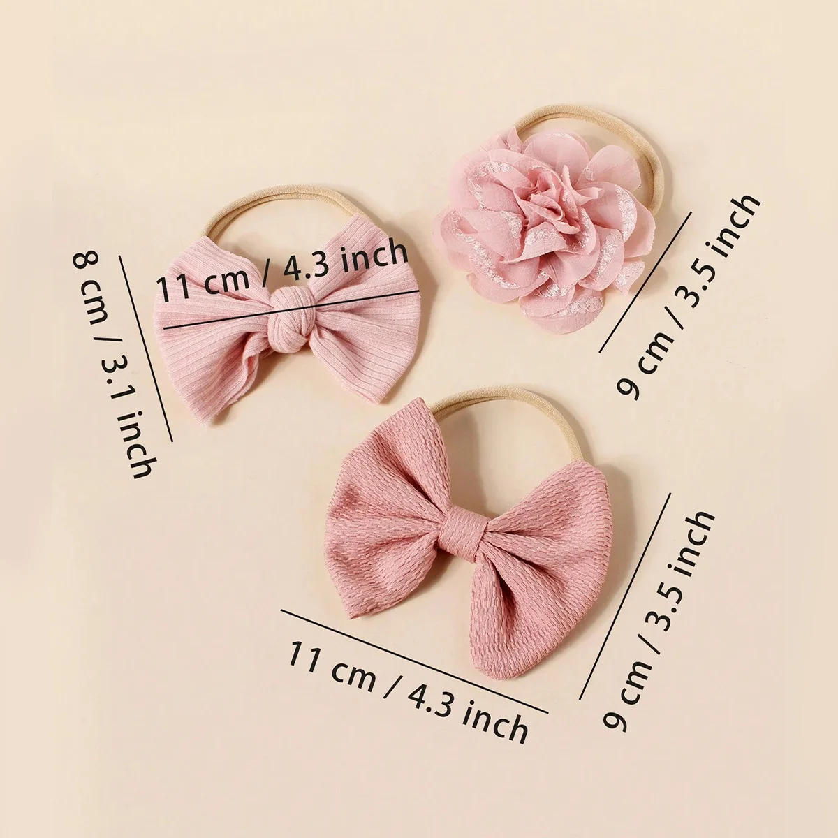 3pcs Girls Pink Adorable Hairband Different Bow Headband For Kids Photograph Soft Nylon Simulation Floral Hair Acessories