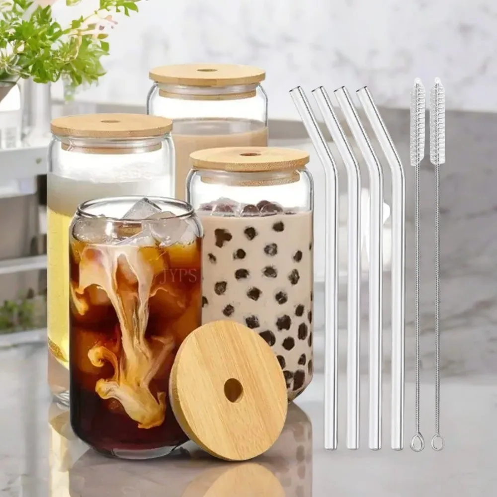 Transparent 550ml/400ml Glass Cup With Lid and Straw - Bubble Tea, Juice, Milk, Mocha, Beer Can, Breakfast Mug - Stylish Drinkwa