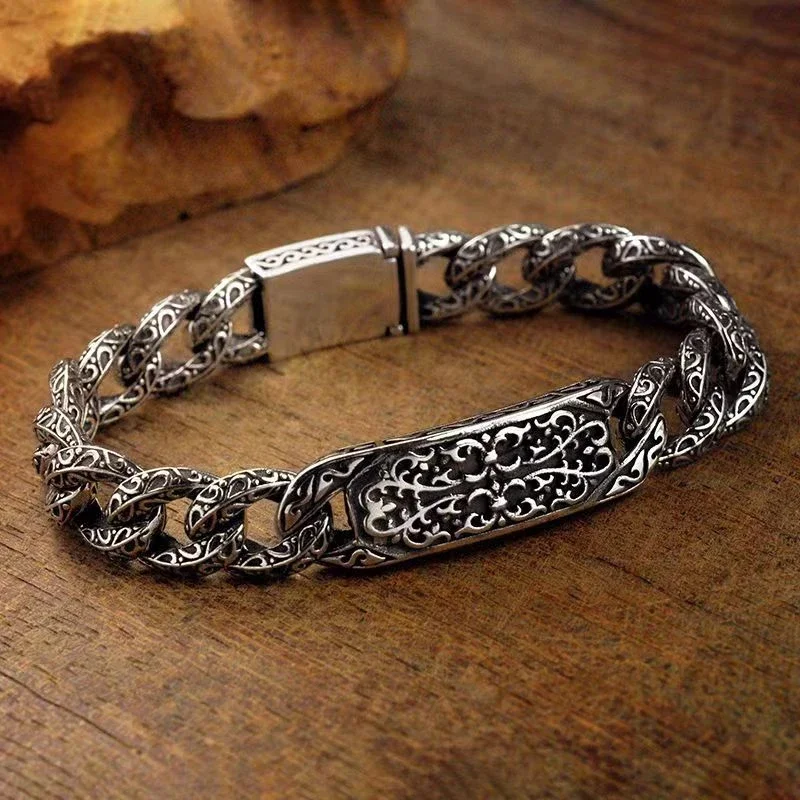 

New Silver Color Men's Bracelet Auspicious Pattern Pin Type Retro Couple Men Women Same Style Ring Buckle Bracele Jewelry