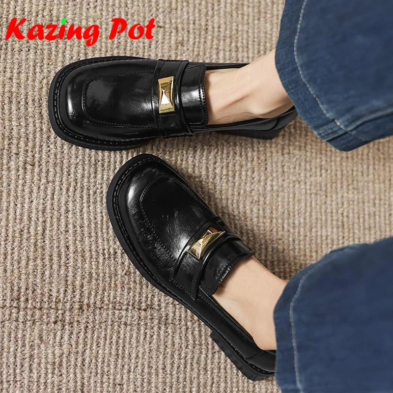 Krazing Pot Fashion Microfiber Round Toe Chunky Heels Spring Autumn Metal Fastener Big Size 43 Vintage Design Women Loafer Shoes
