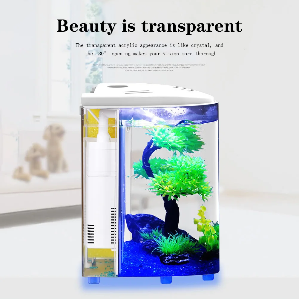 Mini Tabletop Aquarium Desktop Fish Tank With Dimmable Light Acrylic With Artificial Water Plant Small Aquarium For Home Office