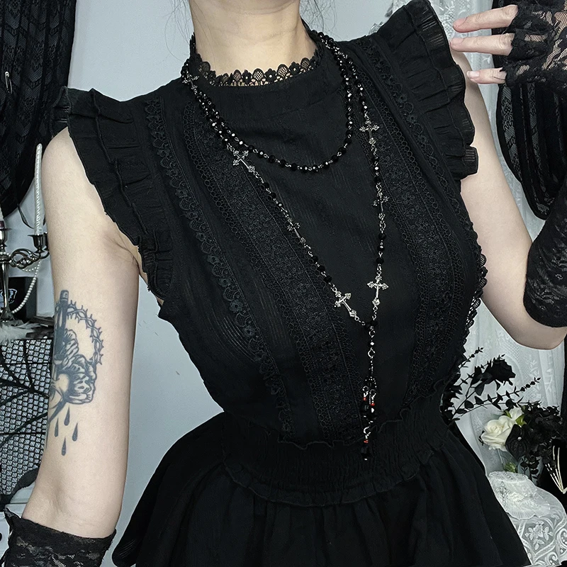 Vintage Elegant Black Lace Trim A-Line Tank Mini Dress Y2K Goth Aesthetic Layered Bodycon Short Dress Women Summer Party Dress