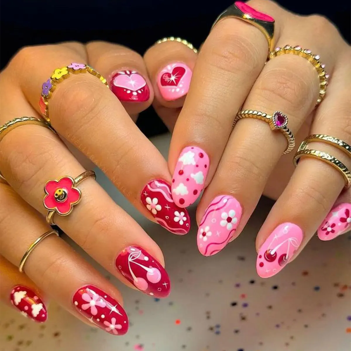 

24Pcs Mid-length Almond Fake Nails Red Pink Heart Cherry False Nails Press on Flower Polka Dot Detachable Full Cover Nails Tips