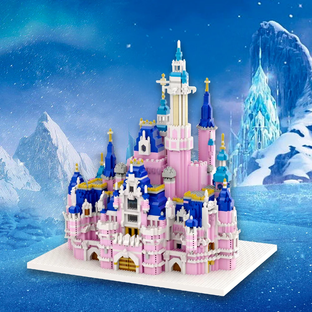 KNEW BUILT Big Pink Castle Assembly Model Kits Puzzle Toys Micro Building Blocks for Girl Prince Princess Castles Sets Bricks