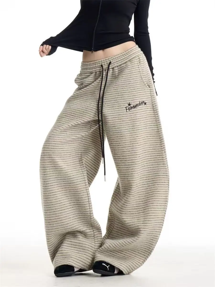 

Американские ретро-спортивные брюки в полоску для женщин, повседневные, в стиле High Street, для дерзких девушек, осенне-зимние, свободные, универсальные, прямые, спортивные, длинные