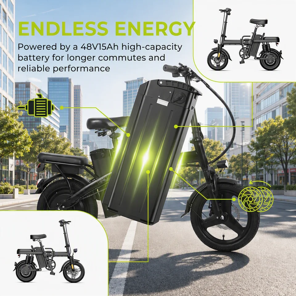 14 Inch Dual Seat Folding Electric Bike 48V Long Range Ebike with Basket LED Headlight Anti-Slip All Terrain Portable Electric Bicycle for Adult Family Commute image 6