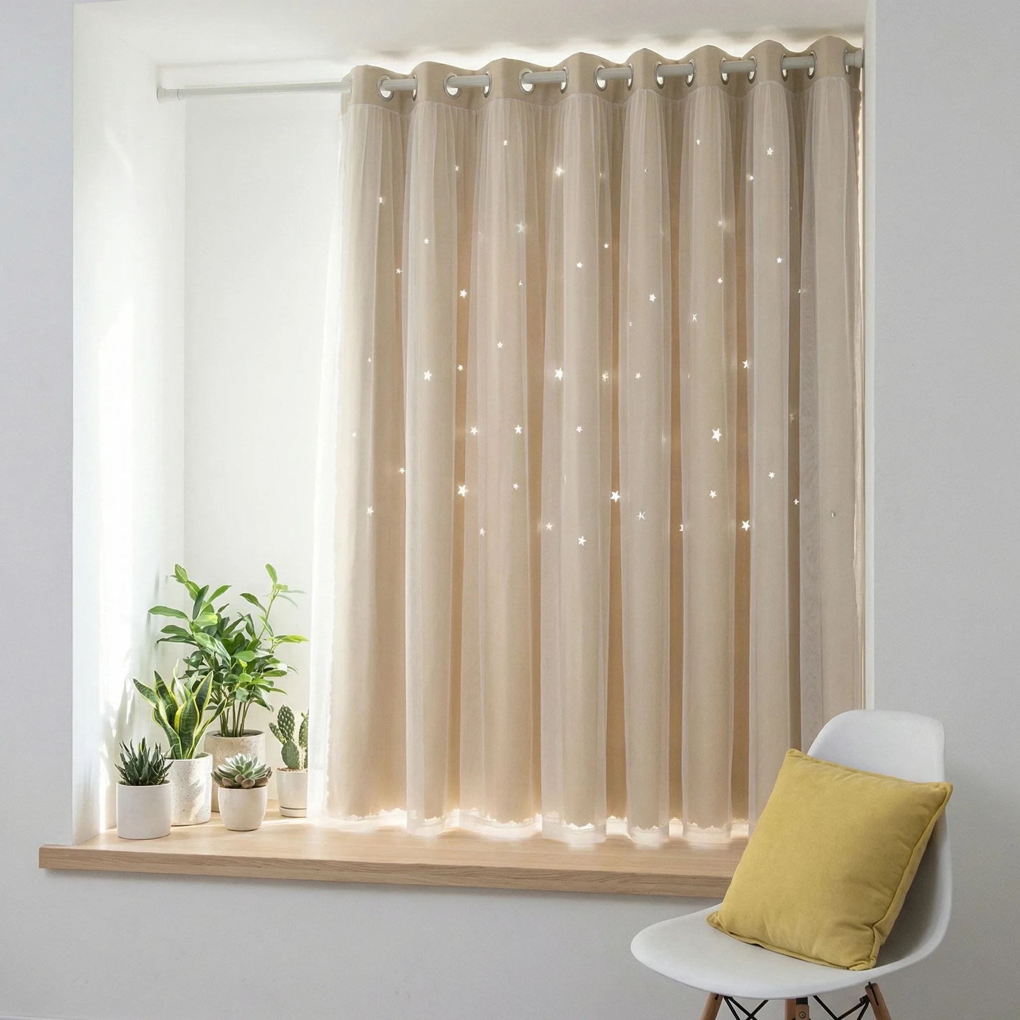 1pc Star Cutout Blackout Curtain Double Layer All-in-One Beige Sheer Lace with Stars for Bedroom Living Room Home Decor