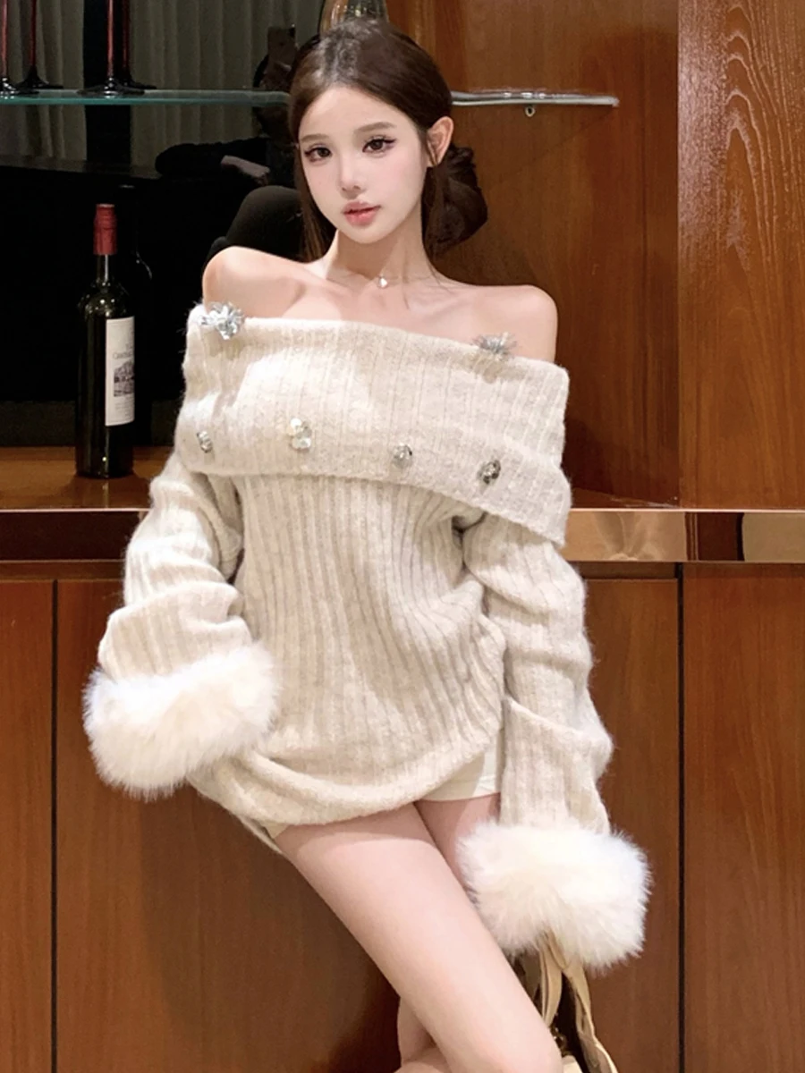 Lush Knitted Sweater with Long Pearl Beads Flower Pattern Loose Slimming Overhead Soft Fluffy Sleeve Mid-Length Casual Wear