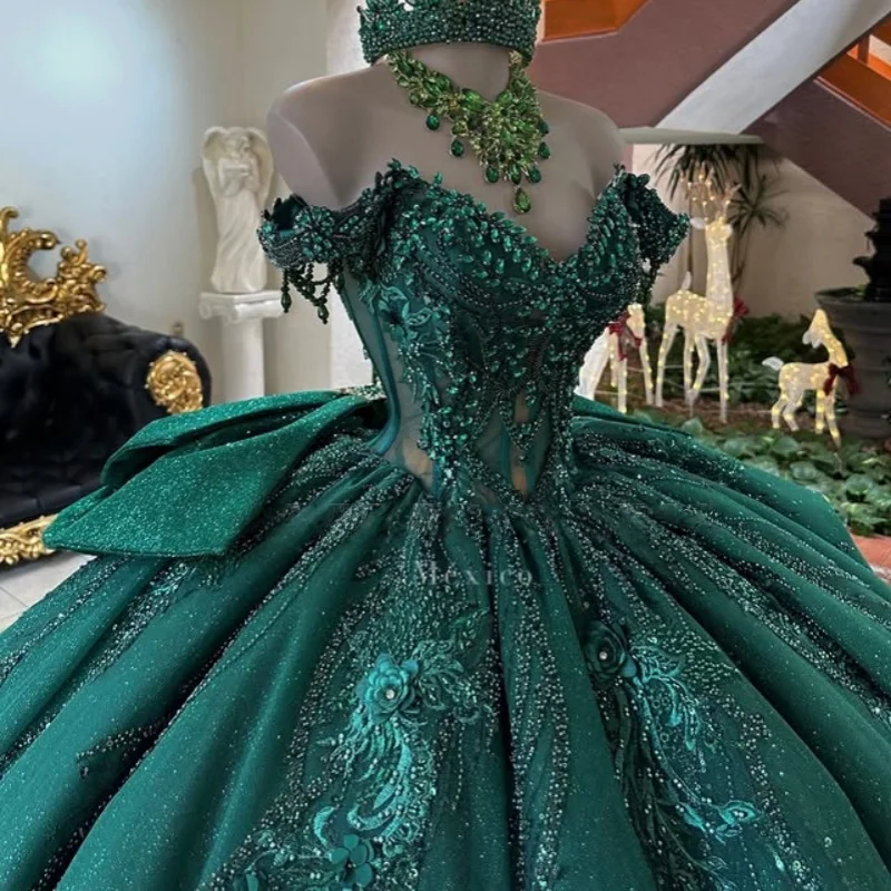 

Shiny Dark Green Quinceanera Dresses off-shoulder Glitter Decal Crystal Lace layering Long tail Vestido De 15 Quinceanera Custom