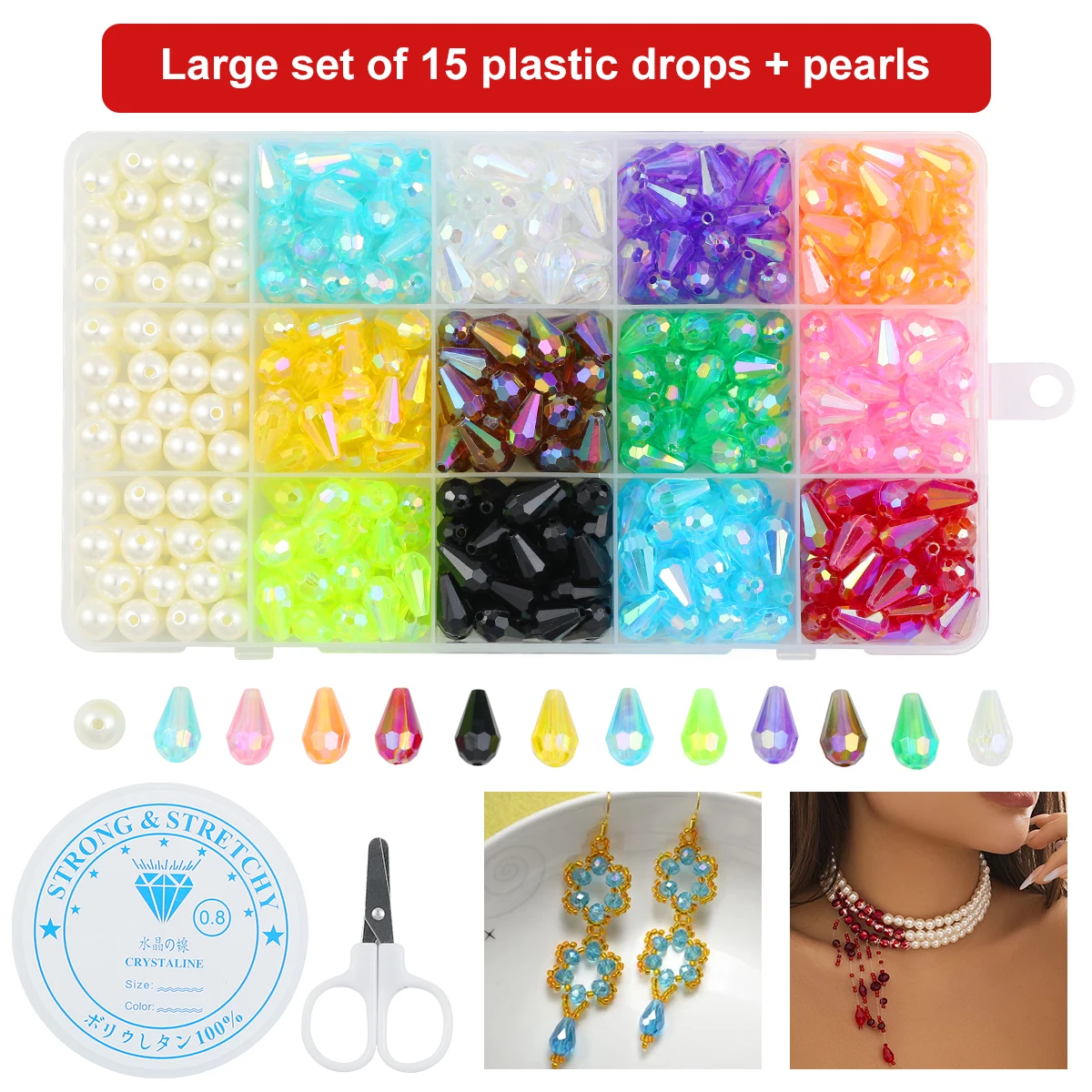 

450pcs Acrylic Teardrop Beads Set With Elastic Cord 8mm Imitation Pearl For Diy Jewelry Making Bracelets Necklaces Accessories