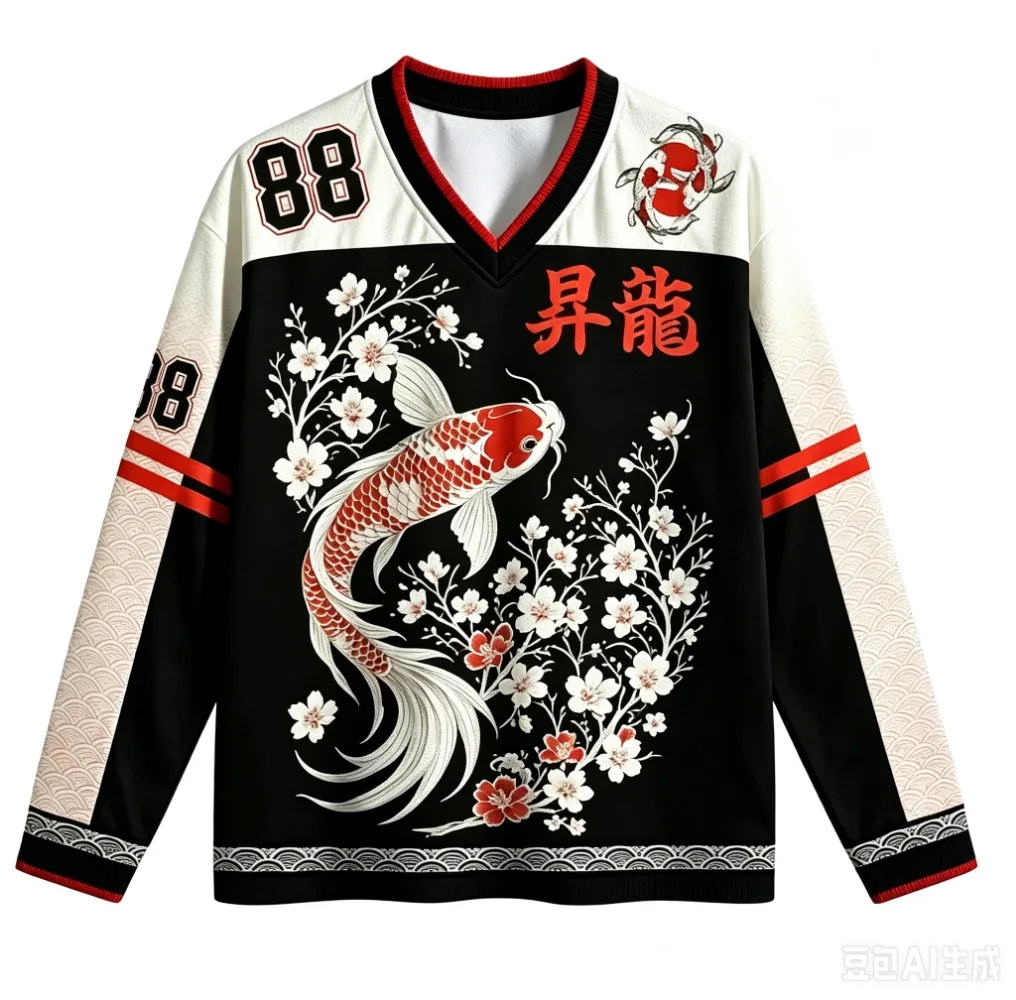 Image of Japanischer Koi-Fisch Kirschblüte 3D-gedrucktes Herren-Frühlings-Herbst-V-Ausschnitt-Oberteil für Outdoor-Sport, atmungsaktiv, schnelltrocknend, Freizeithemd