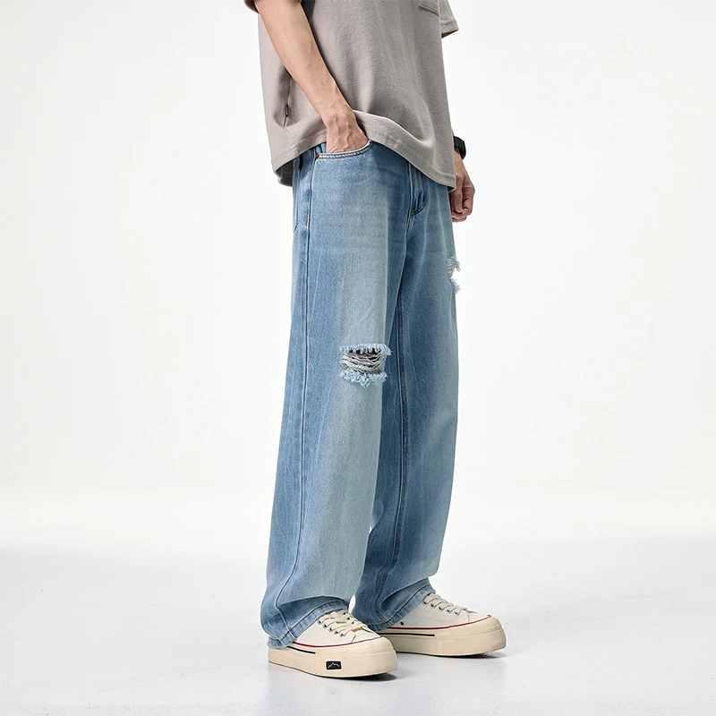Men Streetwear Fashion Loose Casual Broken Hole Denim Ripped Jeans Pants Cityboy Plus Size Baggy Jeans Trousers