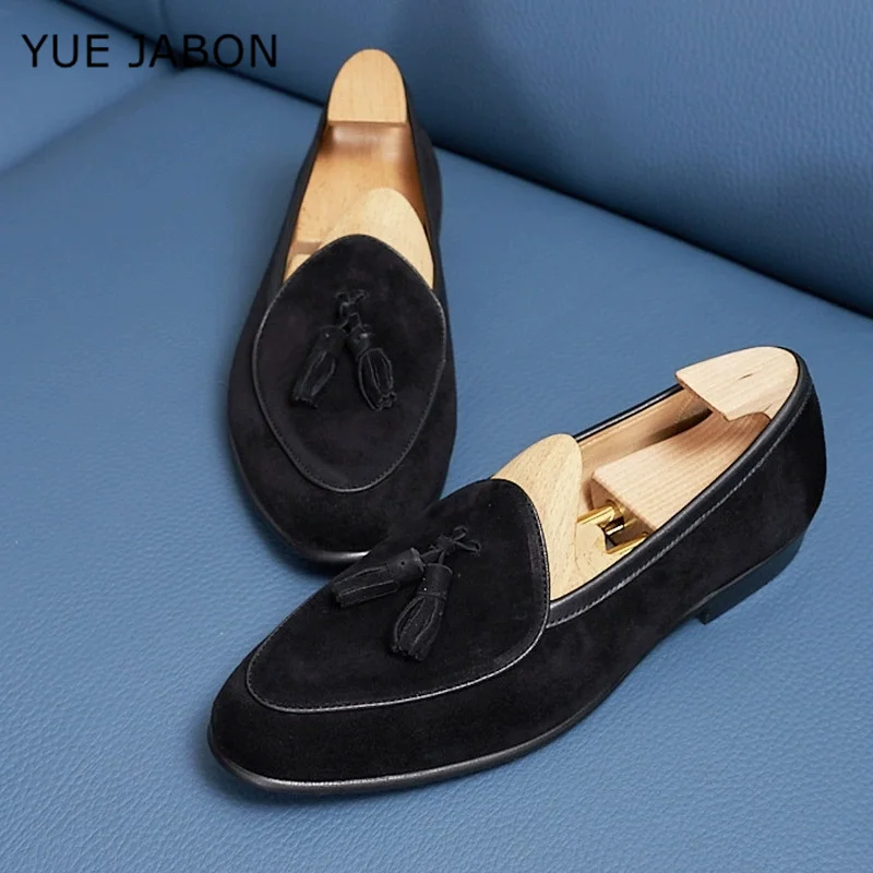 Coffee Brown Tassel Fringe Men Loafers Navy Blue Casual Flat Shoes Slip on Flats Cow Suede Genuine Leather Mens Casual Shoes