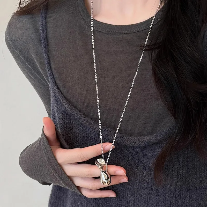 Woven Metal Bag Pendant Necklace Extra Long Chain Korean Style Versatile Lightweight Sweater Jewelry Resort Vacation Women